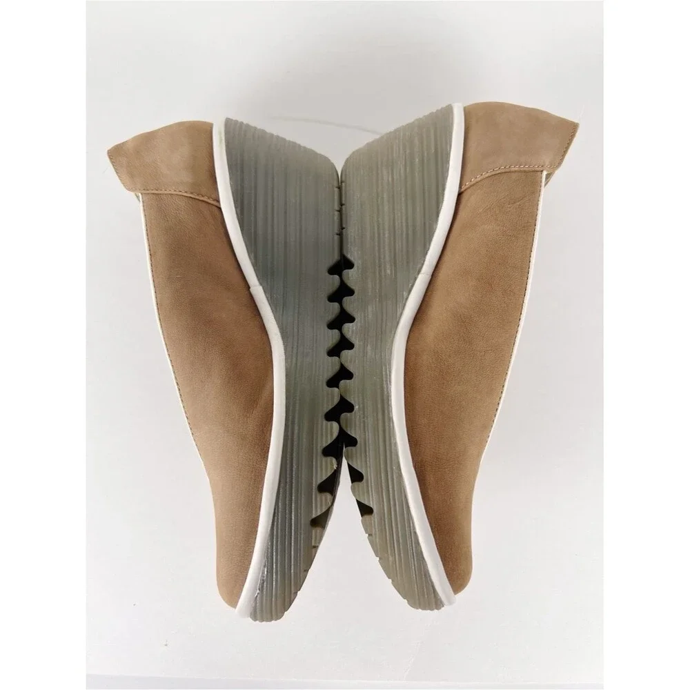 Fly London Yuca Tan Leather White Trim Wedge Slip-On Platform Size 10-10.5